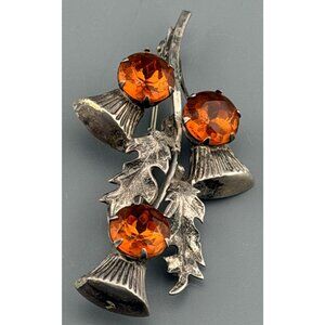 Vintage Thistle Brooch Sterling Silver Ward Bros Large Amber Color Glass Stones